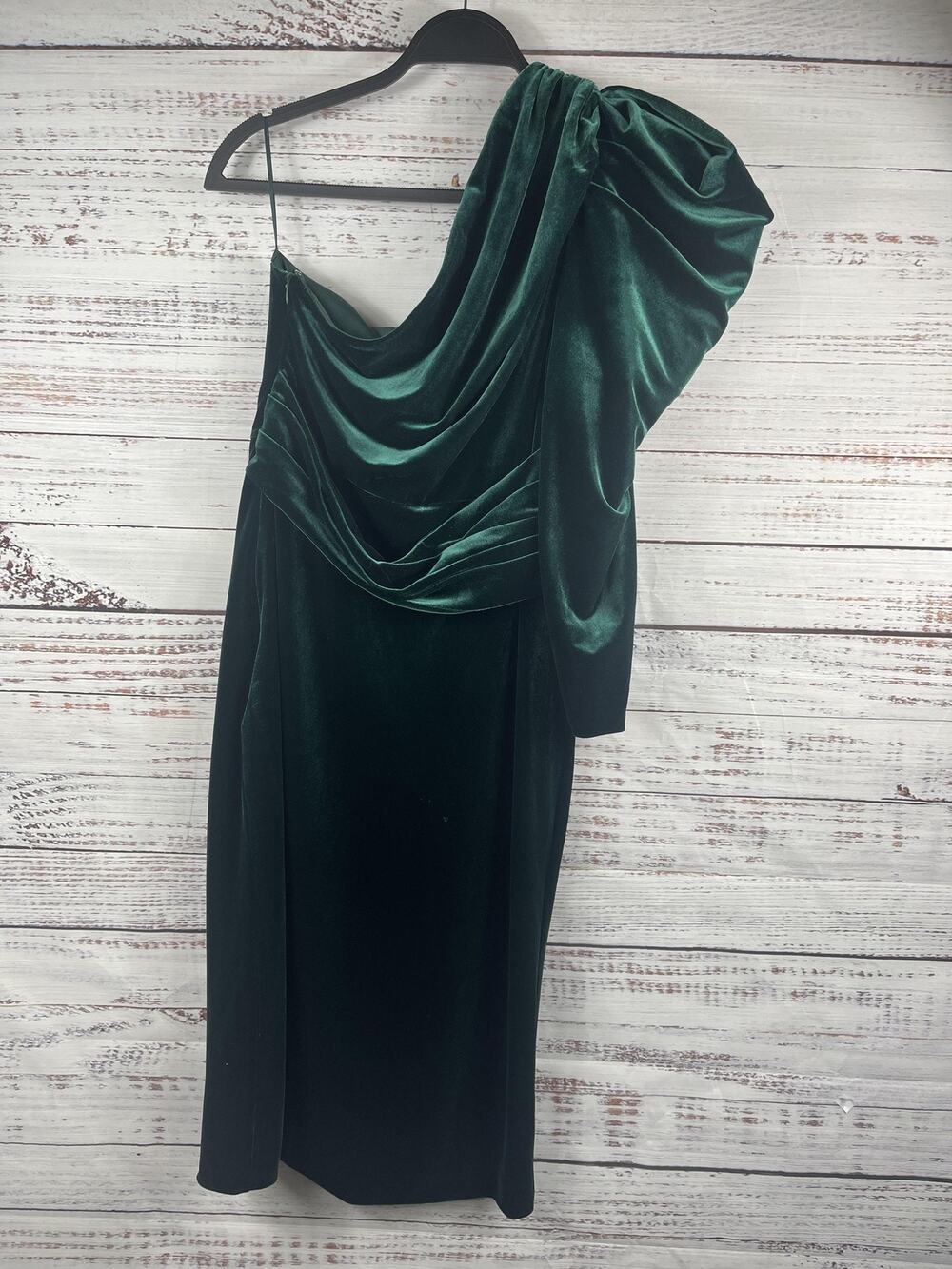 Fehaute Dress Women's 8 Green Velvet One Shoulder Puff Sleeve Ruched Midi Formal